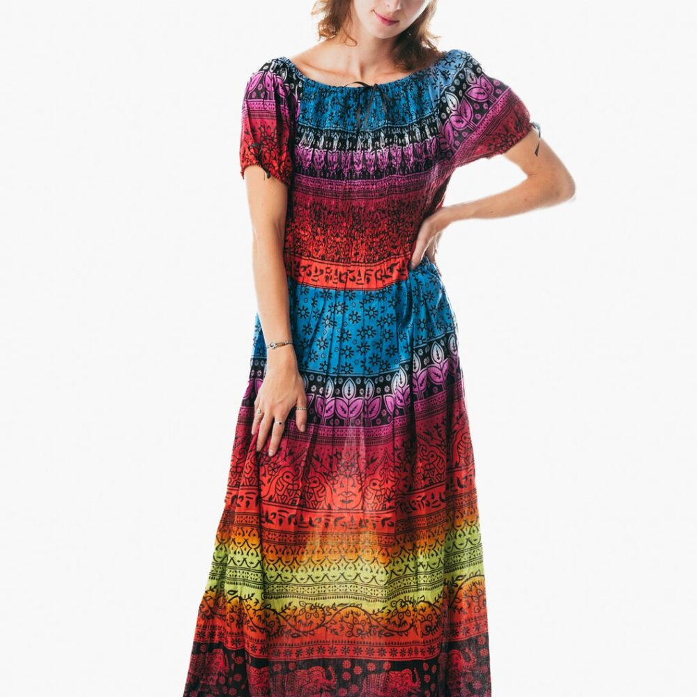 Colorful peasant maxi dress short sleeve off shoulder boho summer floral tie dye